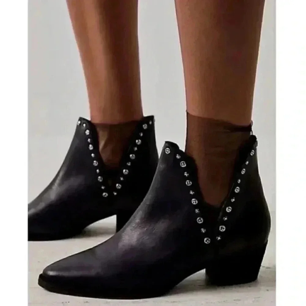 NEW Free People Charm Double Studded Split Bootie Granite Black Leather Size 8.5